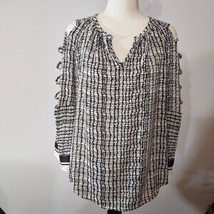 Jennifer Lopez Black & White Cold-Shoulder Blouse S Lightweight Polyester Womens